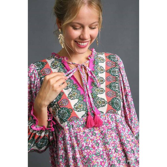 Umgee Boho Floral Mini Dress Pink Hippy Retro Stevie Nicks Vibes S M L - Picture 7 of 9